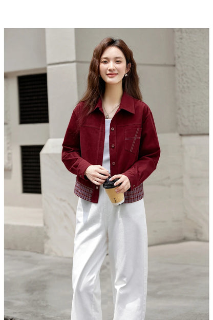 Turn-down collar long-sleeve outerwear for ladies