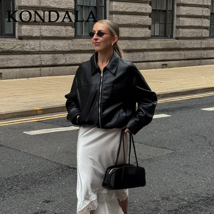 KONDALA 2025 Fall/Winter Brown Business Casual Faux Leather Jacket for Women