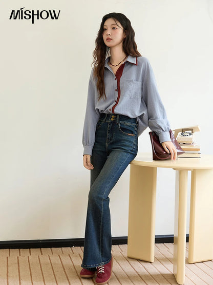Blue-red contrasting color loose retro top