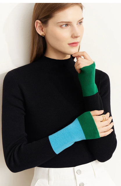 Slim-fit color-contrast pullover minimalist half-high collar sweater
