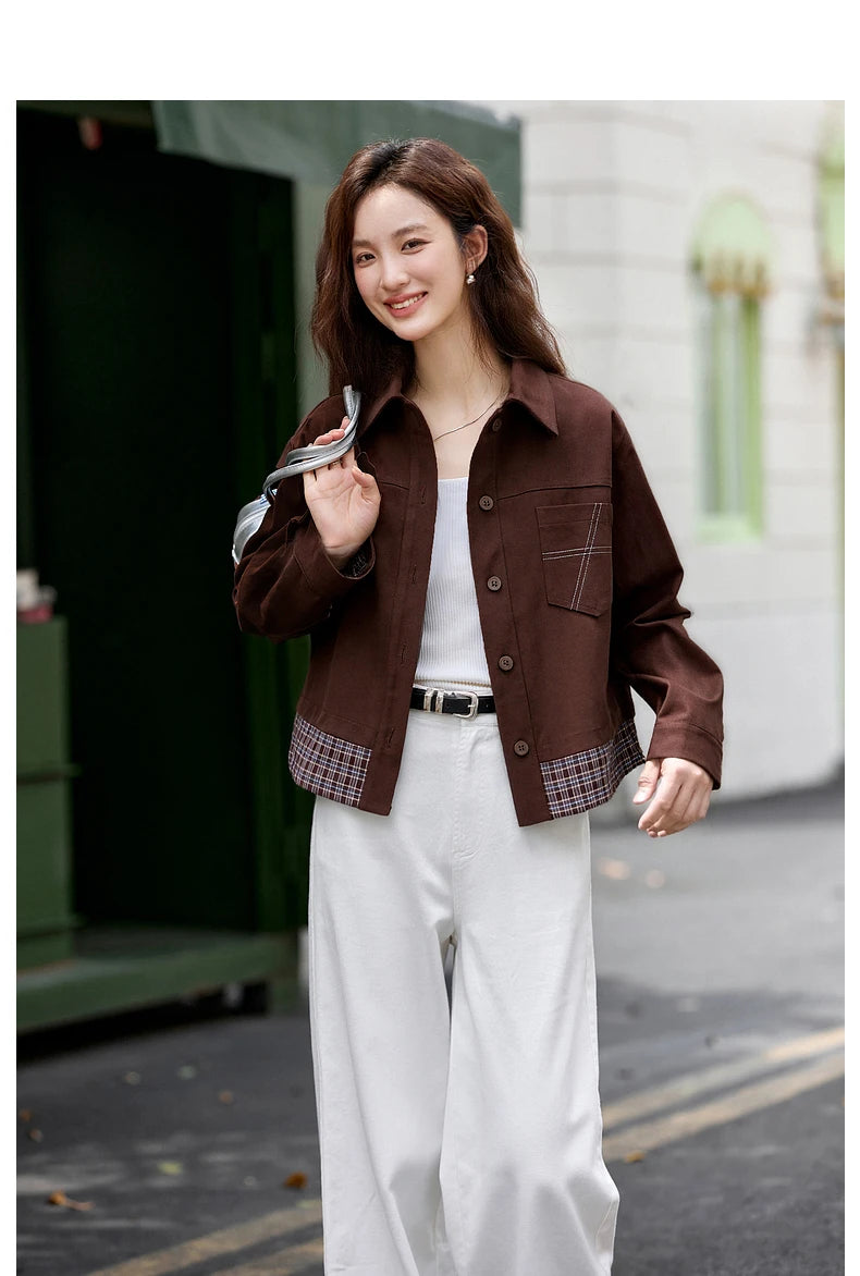 Turn-down collar long-sleeve outerwear for ladies