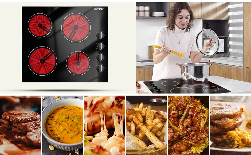 Compact 24" electric cooktop, 4 burners, residual heat indicator, knob operated, hard-wire installation