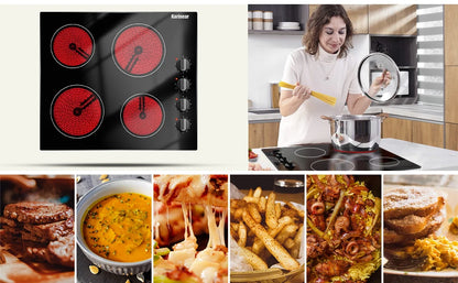 Compact 24" electric cooktop, 4 burners, residual heat indicator, knob operated, hard-wire installation