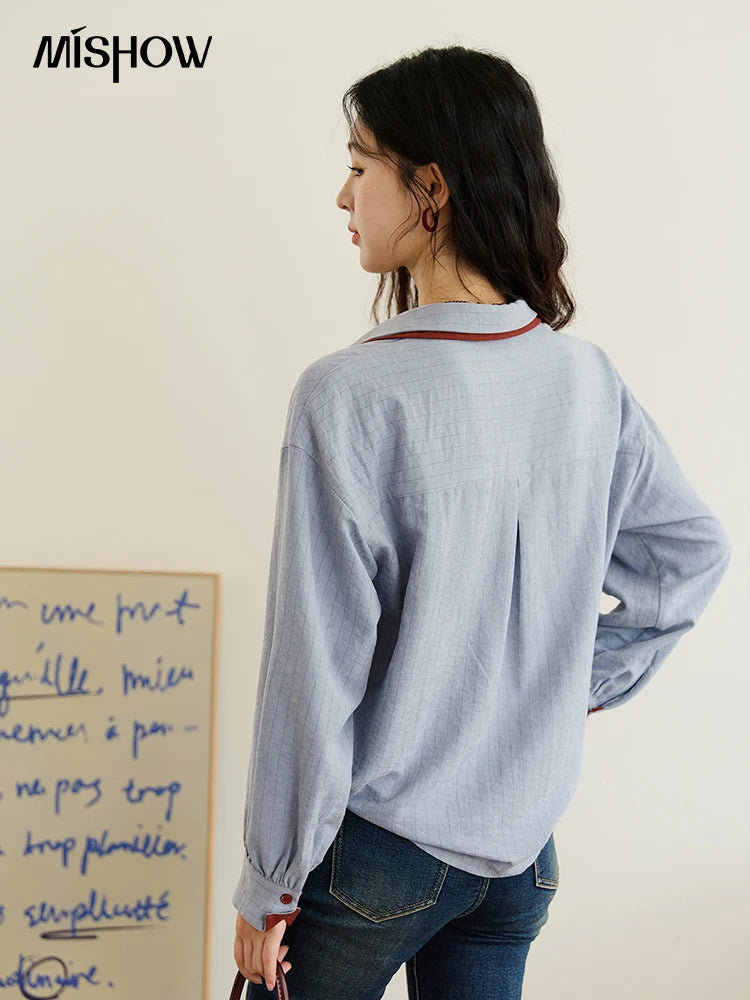 Blue-red contrasting color loose retro top