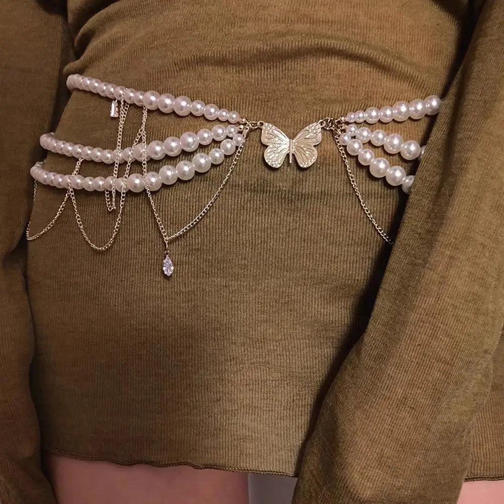 Y2K Pearl Waist Chain – Multilayer Body Jewelry for Women