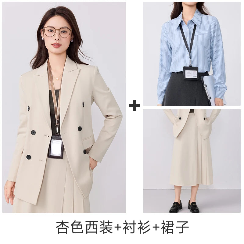 College-style blazer and pleated skirt outfit