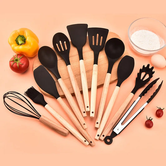 12-piece silicone kitchen utensil set with wooden handles—non-stick safe