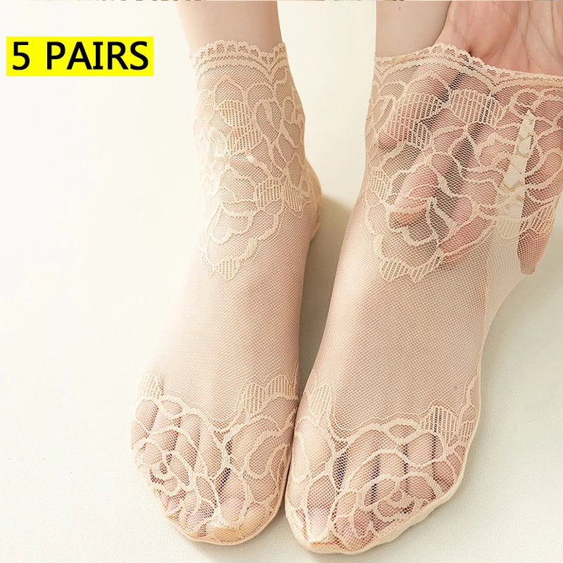 5 Pairs Women’s Lace Invisible Socks – Thin Non-Slip Boat Socks