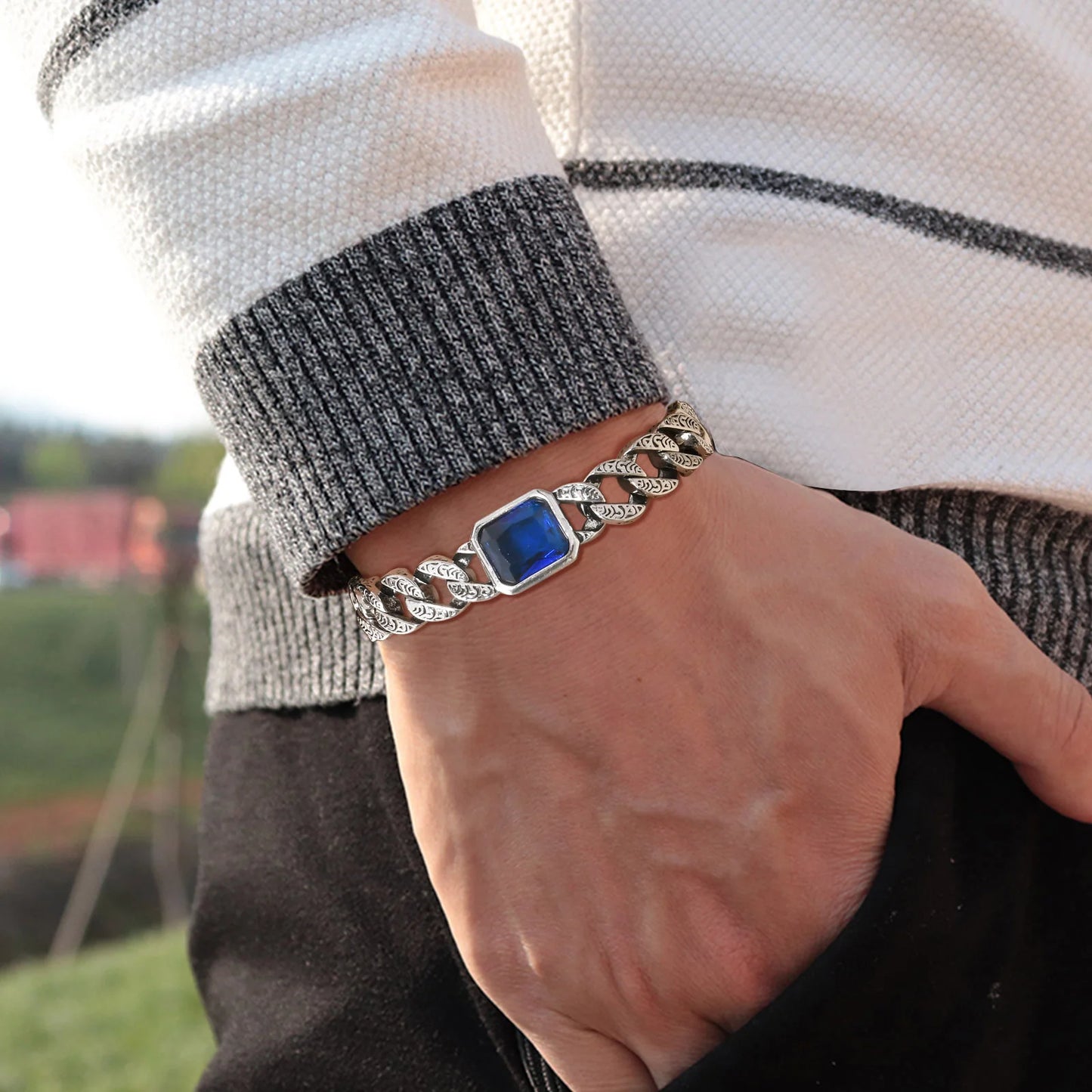 Men’s chunky Cuban chain bracelet with blue stone