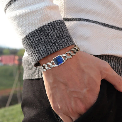 Men’s chunky Cuban chain bracelet with blue stone