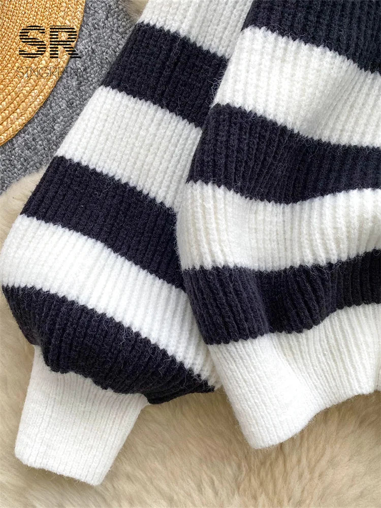 Chic stripe off-shoulder sweater with buttons