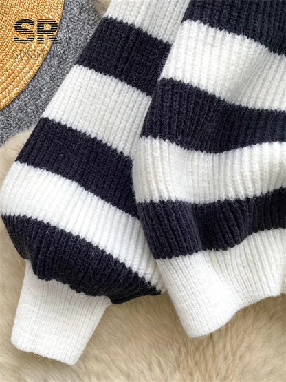 Chic stripe off-shoulder sweater with buttons