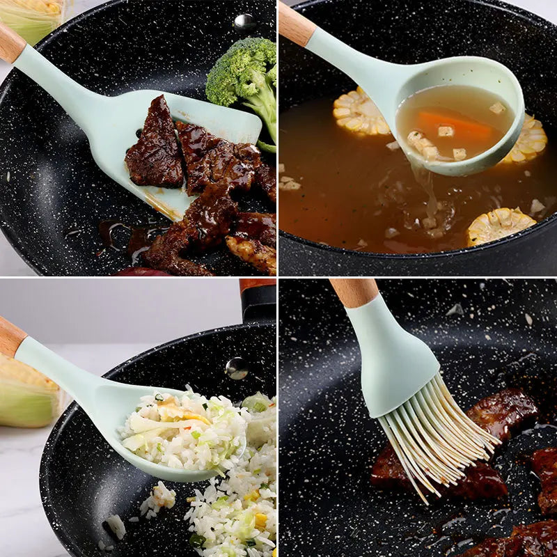 12-piece silicone kitchen utensil set with wooden handles—non-stick safe