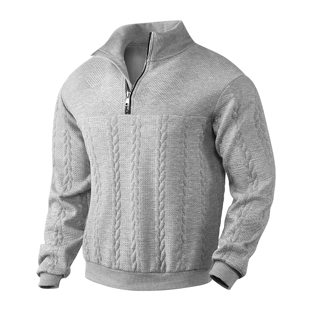 Cozy winter zip sweater with jacquard style — warm, sporty, and casual