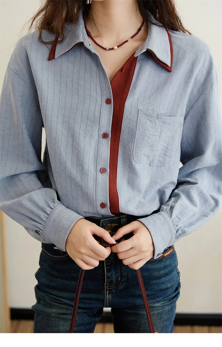 Blue-red contrasting color loose retro top