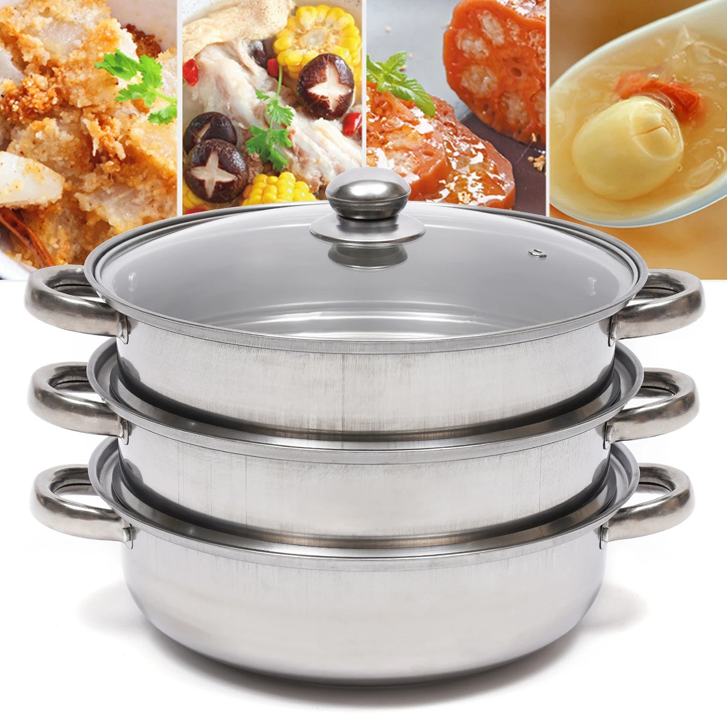 28cm 3-tier stainless steel food steamer for vegetables and large pots
