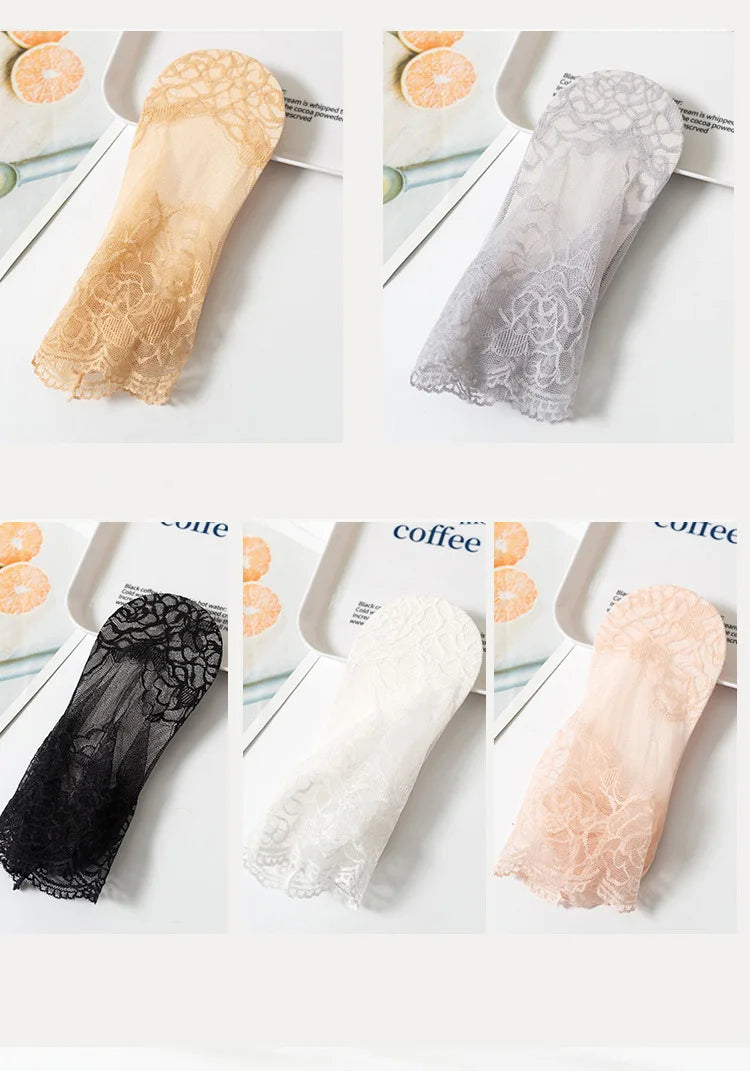 5 Pairs Women’s Lace Invisible Socks – Thin Non-Slip Boat Socks