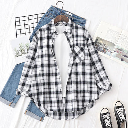 Women’s loose plaid shirt long-sleeve casual checked blouse