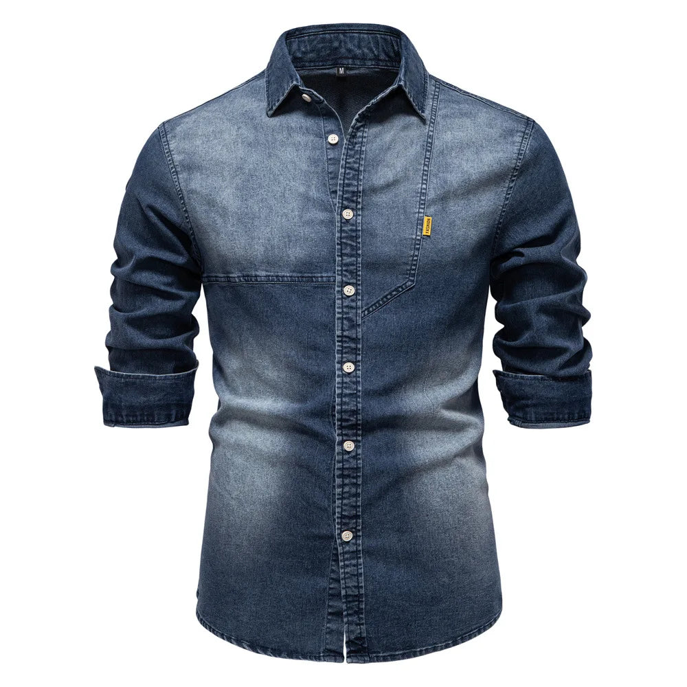 Men's casual solid - color long - sleeve denim shirt