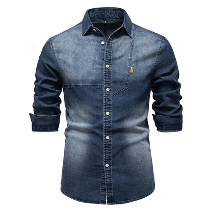 Men's casual solid - color long - sleeve denim shirt