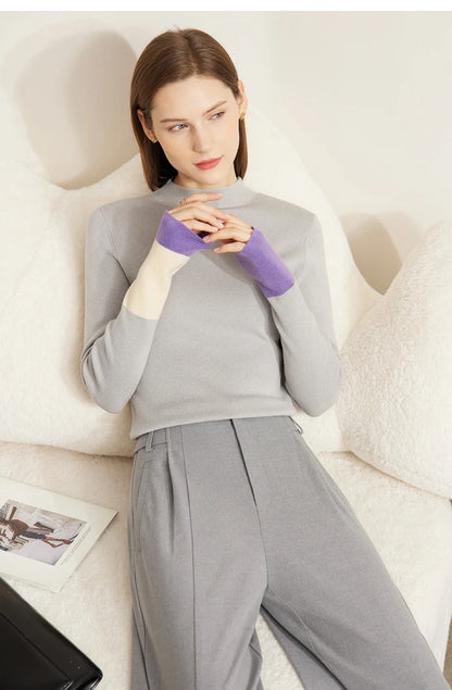 Slim-fit color-contrast pullover minimalist half-high collar sweater