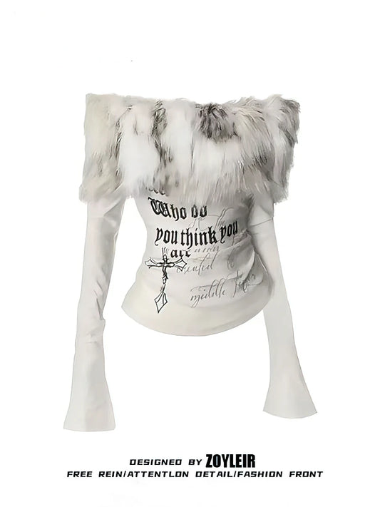 Women’s Y2K luxury fur graphic long-sleeve off-shoulder vintage top