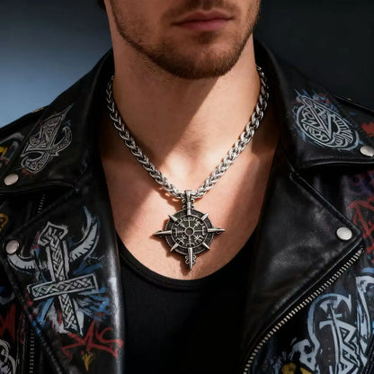 Men’s 316L stainless steel Viking rune compass necklace