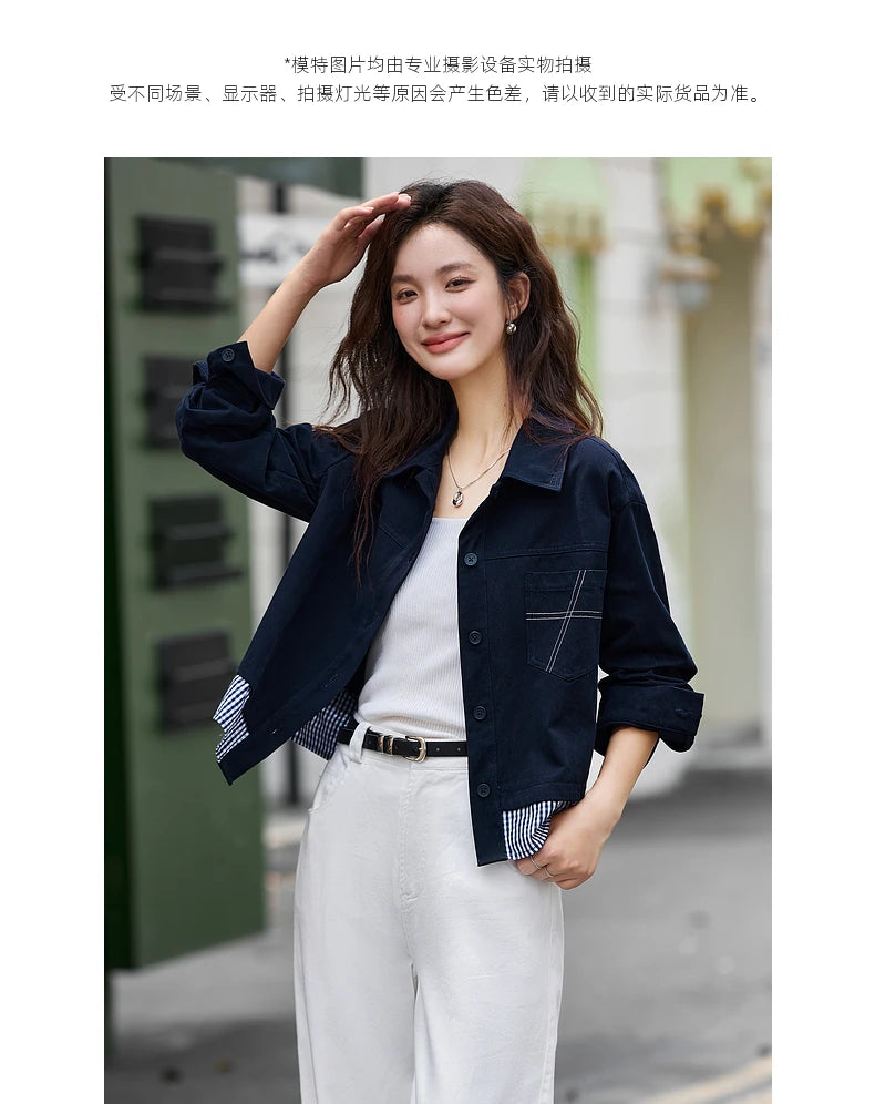 Turn-down collar long-sleeve outerwear for ladies