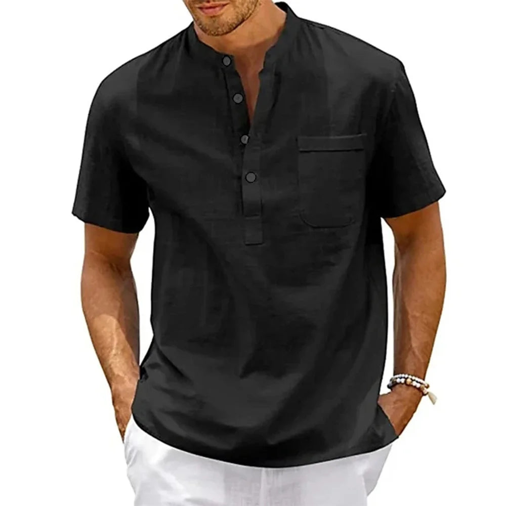 Men’s cotton-linen Henley shirt with pocket