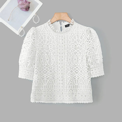 Casual loose hollow-out half puff sleeve top