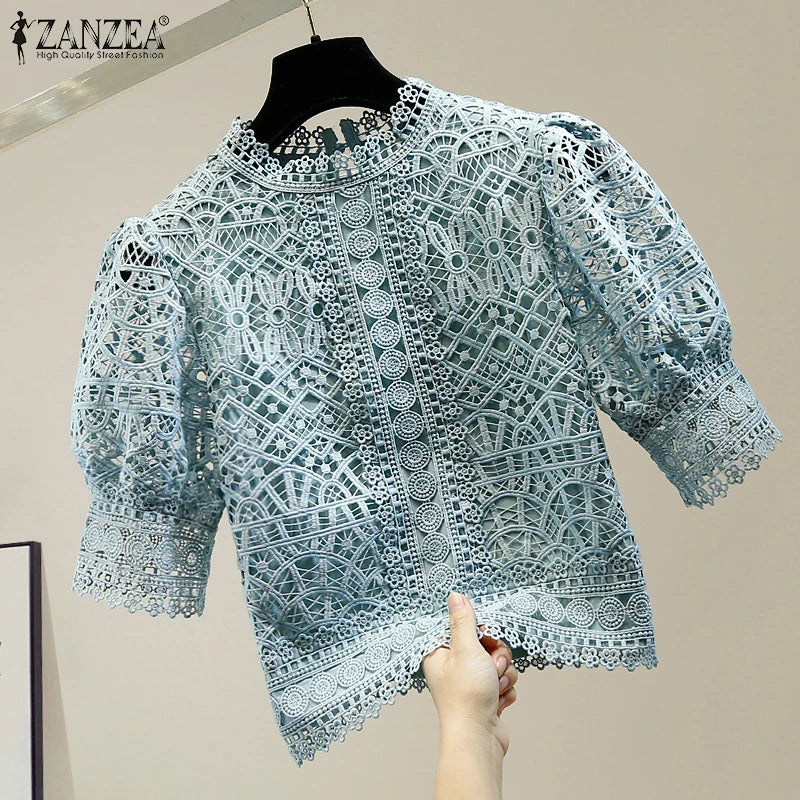 Casual loose hollow-out half puff sleeve top