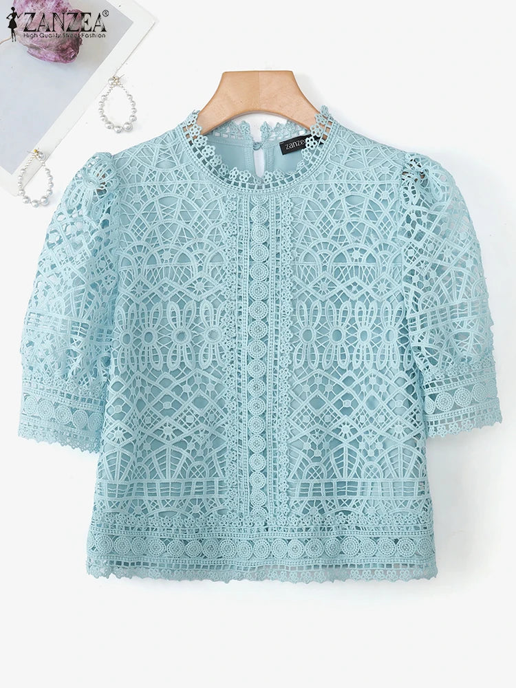 Casual loose hollow-out half puff sleeve top