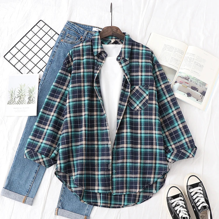 Women’s loose plaid shirt long-sleeve casual checked blouse