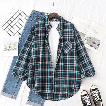 Women’s loose plaid shirt long-sleeve casual checked blouse