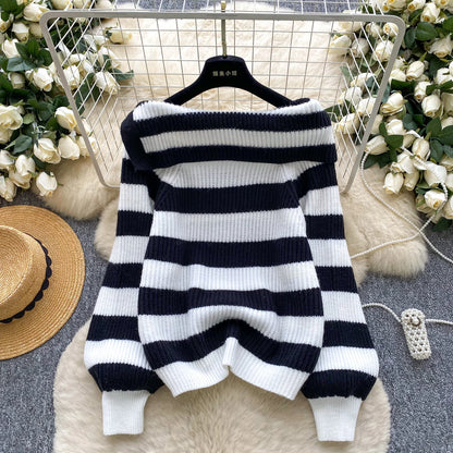 Chic stripe off-shoulder sweater with buttons
