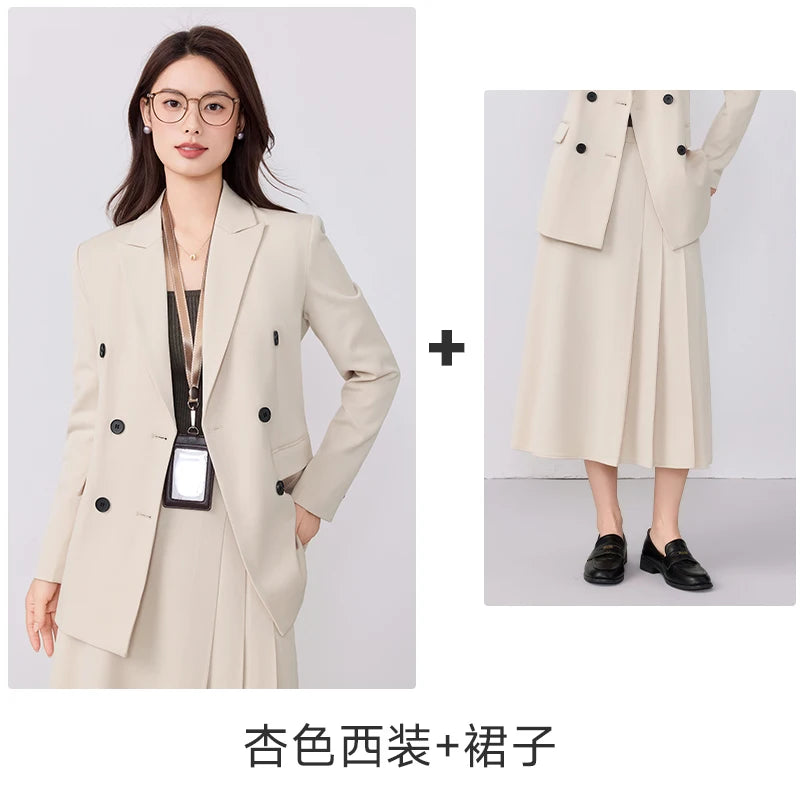 College-style blazer and pleated skirt outfit