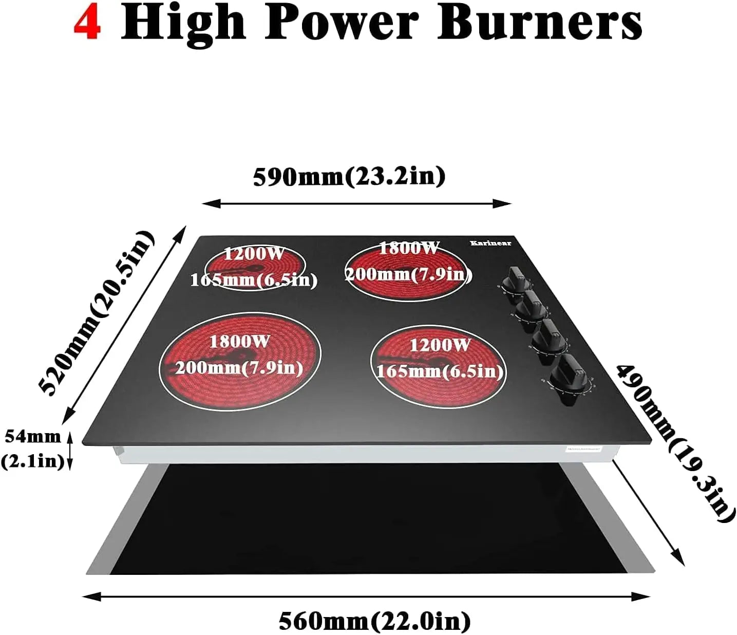 Compact 24" electric cooktop, 4 burners, residual heat indicator, knob operated, hard-wire installation