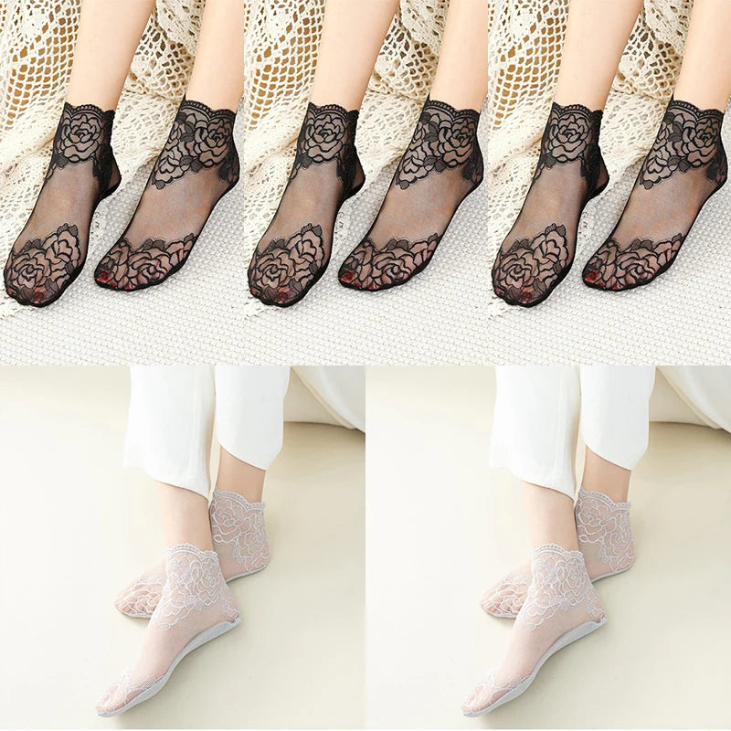 5 Pairs Women’s Lace Invisible Socks – Thin Non-Slip Boat Socks