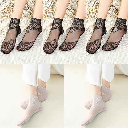 5 Pairs Women’s Lace Invisible Socks – Thin Non-Slip Boat Socks