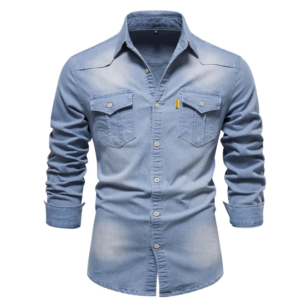 Men's casual solid - color long - sleeve denim shirt