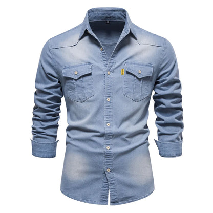 Men's casual solid - color long - sleeve denim shirt