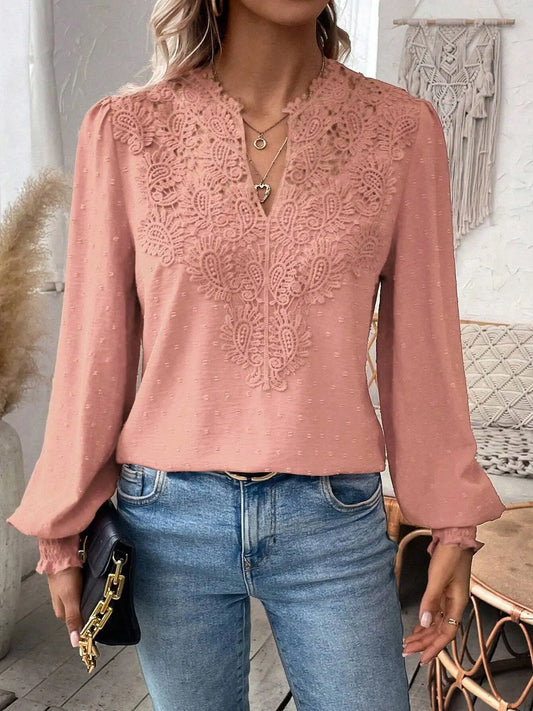 Women’s long-sleeve V-neck lace -trendy puff sleeve pullover