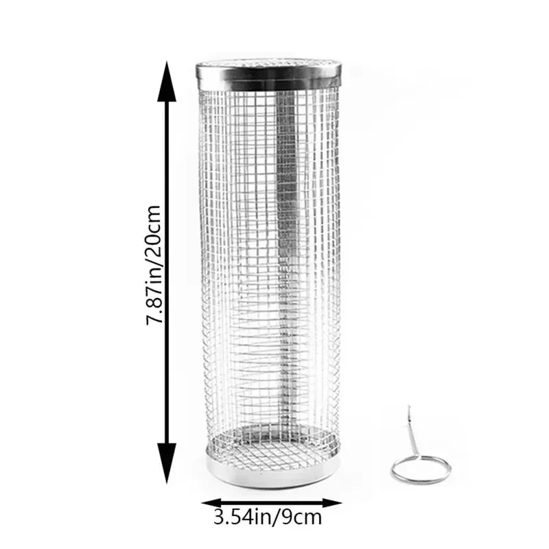 Cylinder grilling cage for vegetables, meat, and seafood on the barbecue