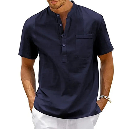 Men’s cotton-linen Henley shirt with pocket