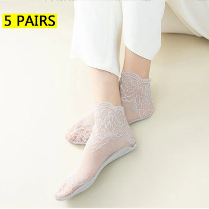 5 Pairs Women’s Lace Invisible Socks – Thin Non-Slip Boat Socks
