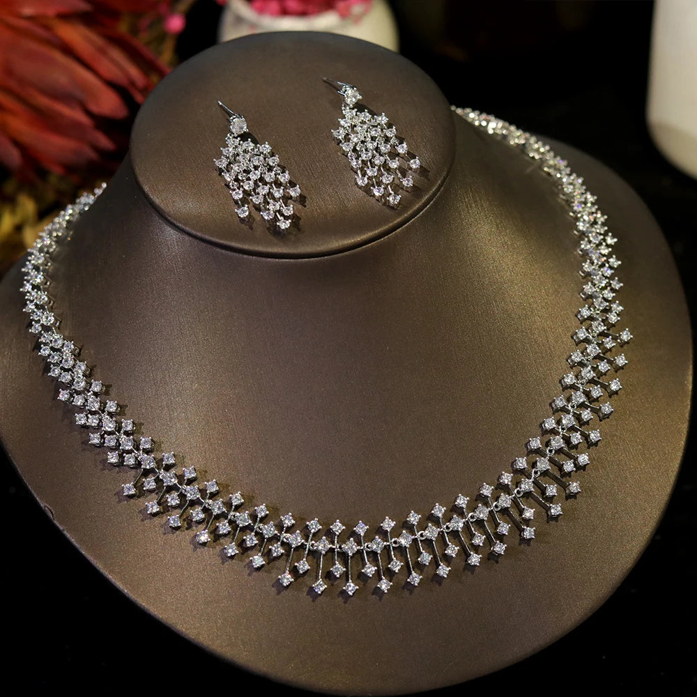 ASNORA CZ Bridal Necklace Set – Water Drop Wedding Design