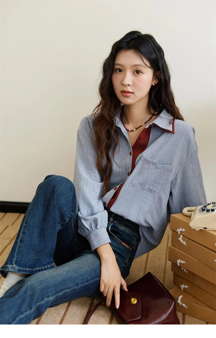 Blue-red contrasting color loose retro top