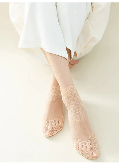 5 Pairs Women’s Lace Invisible Socks – Thin Non-Slip Boat Socks