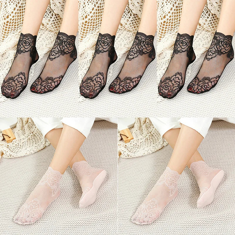 5 Pairs Women’s Lace Invisible Socks – Thin Non-Slip Boat Socks