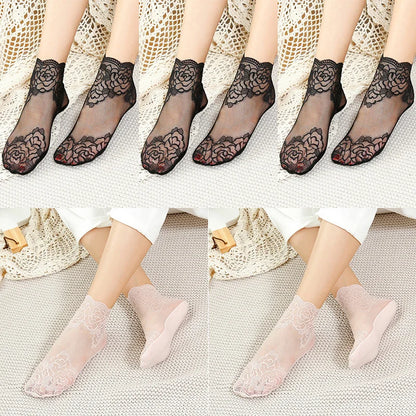 5 Pairs Women’s Lace Invisible Socks – Thin Non-Slip Boat Socks
